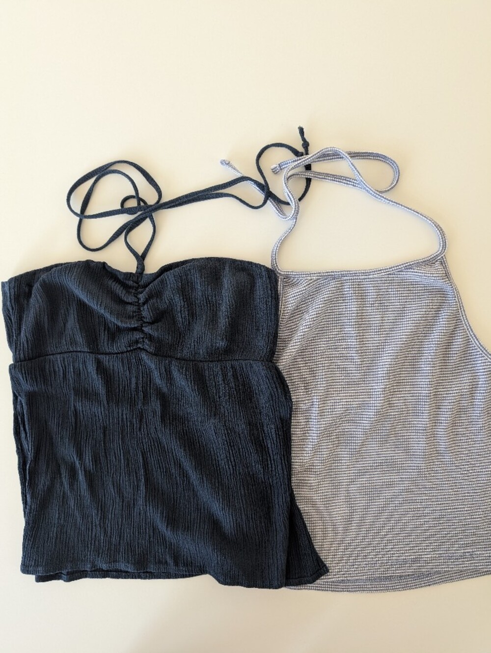 Bundle of 2 Brandy Melville Halter Tops | Blue Micro-Striped & Dark Blue Gauze